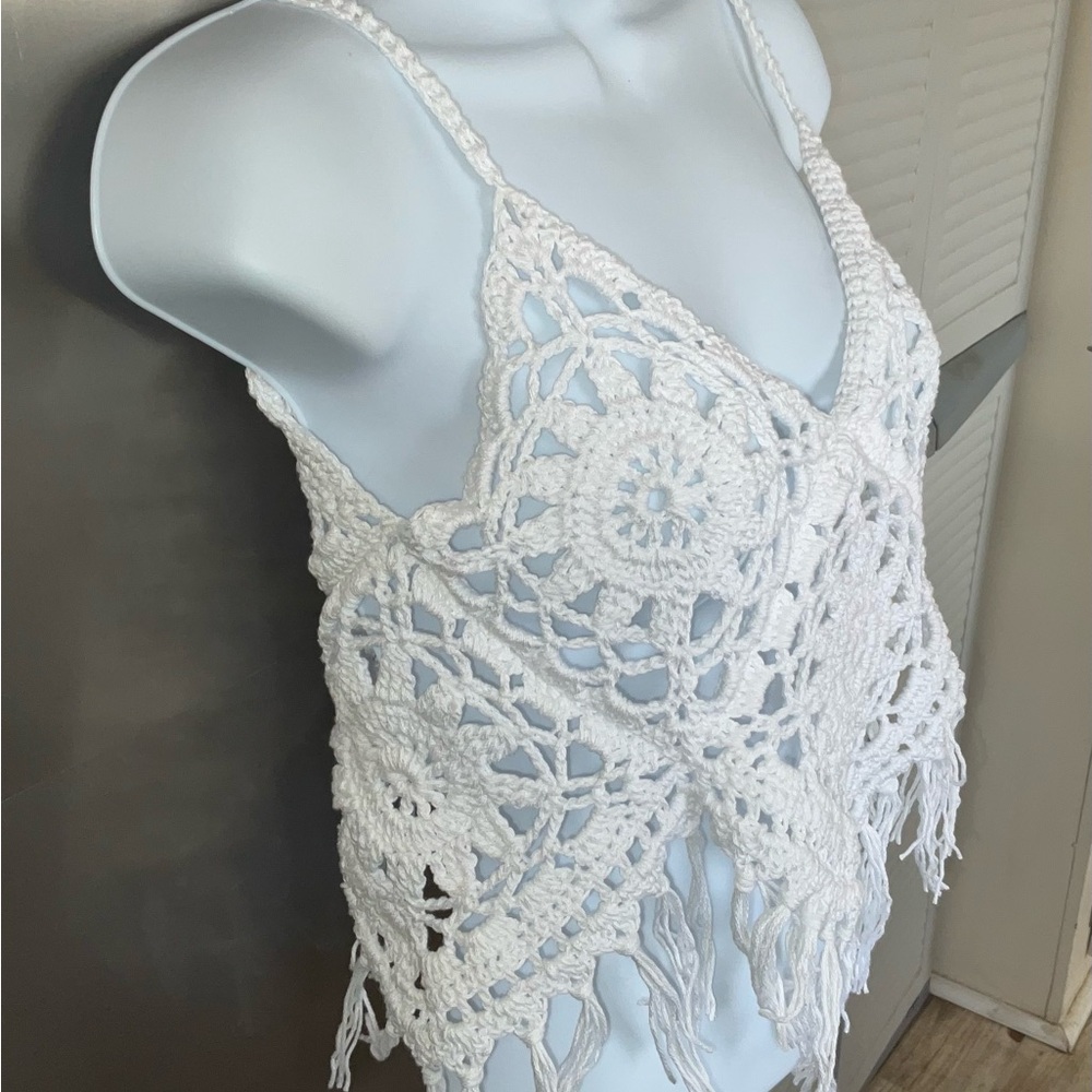 Handmade Crochet Halter crop top Small White Bohemian Cover up with fringe - Picture 3 of 7